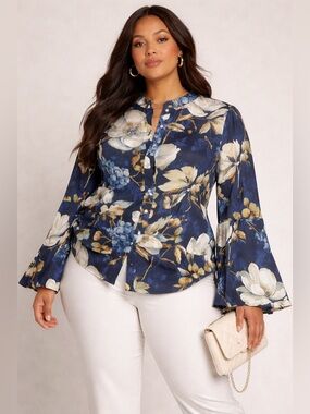 True Destiny Navy Floral Button-Front Blouse with Bell Sleeves Ptp 22”